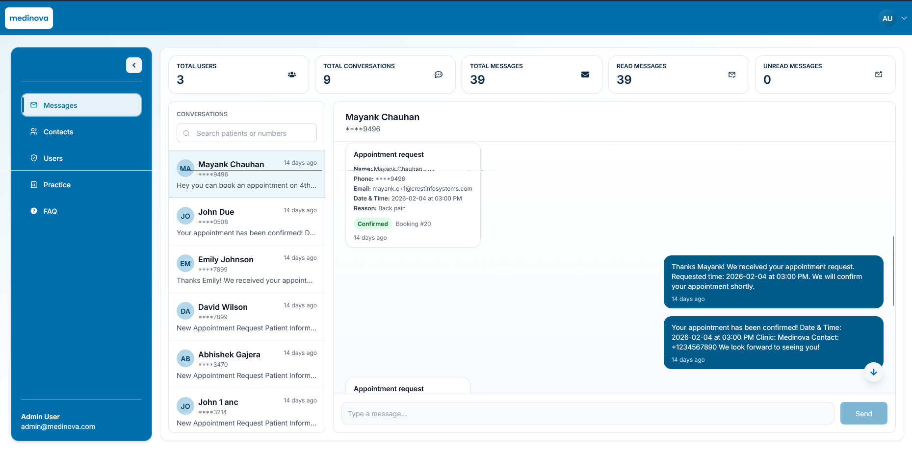 Medinova Dashboard — Unified SMS inbox with appointment booking
