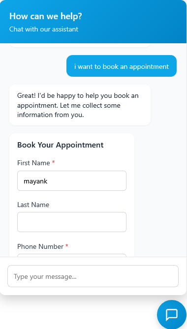 Medinova AI Chat Widget — Appointment booking conversation